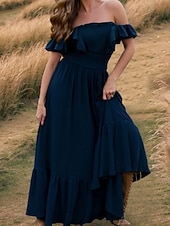 billiga Semester Boho Klänning-Dam Maxiklänning Vardagsklänning Elegant Vintage Mode Utomhus Strand Semester Normal Slät Kortärmad Över axeln Blå Rubinrött Grön Aprikos Sommar Vår