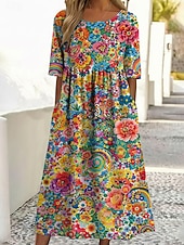 お買い得  花柄ドレス-女性用 ミディドレス カジュアルドレス プリントドレス ファッション アウトドア バケーション お出かけ ルーズフィット フラワー グラフィック 半袖 クルーネック ブルー ライトイエロー パープル グリーン 夏 春