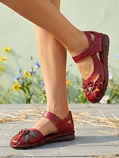 olcso Női lapos sarkú cipők-női bézs színű, valódi bőr Mary Jane szandál - vintage virágmintás, marhabőrből készült kényelmes cipő hétköznapi sétákhoz &amp;utazás