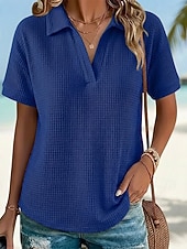  Mujer Camiseta Camisetas polo Tops de punto gofre Camiseta superior Plano Moda Elegante Básico Manga Corta Cuello Camisero Tops regulares Diario Noche Fin de semana Azul Piscina Negro Blanco Naranja