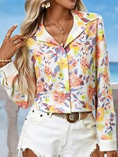 economico Bluse Floreali-Per donna Blusa Patchwork Bottoni Stampato Floreale Grafico Vintage Quotidiano Elegante Manica Lunga Colletto a Camicia Top Regolari Quotidiano Giallo Rosso Estate Primavera