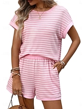 cheap Women's Blouse Suits-Women's Two Piece Sets Shorts Sets Short Sleeve Crew Neck Striped Fashion Streetwear Casual Daily Outdoor Black Pink Dark Pink Summer Regular Fit