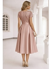 cheap Cocktail Dresses-A-Line Tea Length Cocktail Dresses Elegant Short Sleeve V Neck Garden Party Wedding Satin Sequined with Pleats Sequin