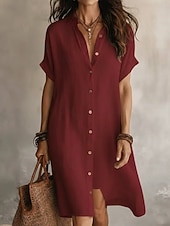 cheap Dresses-Women's Mini Dress Linen-feel Dresses Shift Dress Summer Dress Casual Daily Loose Fit Plain Short Sleeve Lapel Blue Black Wine Army Green Summer Spring Fall