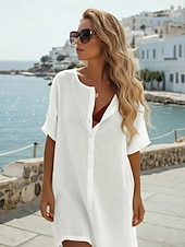 levne Základní falešné košile-Dámské Košile Halenka Imitace bavlny a lnu Knoflíky Bez vzoru Aktivní stylové Krátký rukáv Tričkový Běžné topy Denní Dovolená Jdeme ven Bílá Žlutá Růžová Léto Jaro