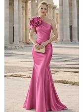 economico Abiti da Sera Sirena-Sirena Tromba Lunghezza al pavimento Abito da Sera Elegante Senza Maniche Monospalla Matrimonio Formale Raso Elasticizzato con Fiori 3D