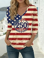  Giorno dell'Indipendenza Americana Per donna Maglietta Stampato Grafico Bandiera Americana Elegante Classico Casual Manica Lunga Scollo a V Top Regolari Quotidiano Bianco Rosso Cachi Primavera Autunno