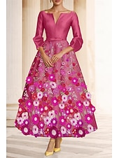 cheap Cocktail Dresses-A-Line Tea Length Cocktail Dresses Party Dresses Elegant 3/4 Length Sleeve V Neck Garden Party Wedding Taffeta with Bow(s) Appliques
