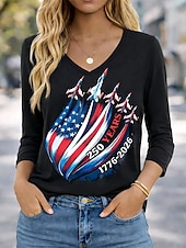  American Independence Day Women's T Shirt Print Graphic Flag Stylish Classic 3/4 Length Sleeve V Neck Regular Tops Daily Weekend Blue Black Red Spring