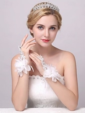 billiga Bröllop ACC-brudhandskar för kvinnor, polyestermaterial, flerfärgade, kronbladsblommönster med strassdetaljer, eleganta spetshandskar perfekta för bröllop, fester och speciella evenemang