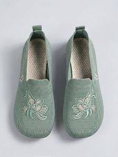 cheap Women's Flats-Women's Green Comfort Embroidered Knit Slip-on Shoes – Breathable Lightweight Casual Loafers for Travel, Home &amp; Daily Wear