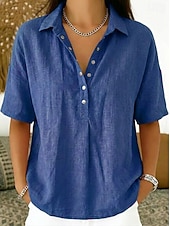 cheap Shirts-Women's Shirt Linen-feel Shirts Vintage Stylish Short Sleeve Turndown Regular Tops Daily Work Holiday Blue Black White Pink Light Brown Summer Spring