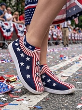  Женские слипоны USA 250-летия — удобные туфли с широким голенищем и звездным рисунком для парадов, Дня независимости и патриотических торжеств.