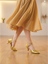 abordables Zapatos de salón y de baile moderno-Zapatos de baile de salón para mujer, color burdeos charol, con tira cruzada, tacón bajo, estilo clásico para vals y foxtrot. &amp;Tacones de baile cómodos y elegantes para practicar.