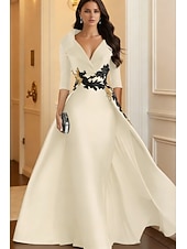 cheap Ball Gown Evening Dresses-A-Line Floor Length Evening Gown Elegant 3/4 Length Sleeve Shirt Collar Formal Satin with Appliques