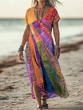  Dame Midikjole Boho-kjole Uformell kjole Kjole med A-linje Print kjole Årgang utendørs Feriereise Helg Normal Fargeblokk Kortermet V-hals Regnbue Sommer Vår