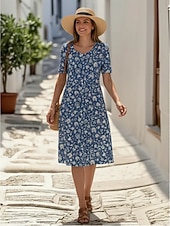 cheap Casual Floral Dresses-Women's Midi Dress Faux Cotton Linen Shift Dress Casual Dress Summer Dress Fashion Modern Daily Beach Weekend Regular Fit Floral Short Sleeve Crew Neck Blue White Red Navy Blue Summer