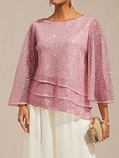 preiswerte Spitzenoberteile-Damen Bluse Spitzentops Durchsichtige Ärmel Einfarbig Elegant Stilvoll Basic Dreiviertelarm Glockenärmel Rundhalsausschnitt Lange Oberteile Täglich Hochzeitsgast Urlaubskleidung Pudriges Rosa Sommer