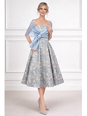 preiswerte Mamas Kleidersets-A-Linie Tee-Länge Kleid für Hochzeitsgäste Brautmutterkleid Ärmellos Trägerlos Elegant Einfach Minimalistisch Formell Cocktailparty Semi-Formal Jacquard Mit Schal mit Falten