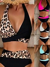 preiswerte Bikini-Sets-Damen Badeanzug Bikini Zweiteilig Hohe Taillenlinie Bademode Gerafft Rückenfrei Urlaub Strandbekleidung Leopard Farbblock Neckholder Ärmellos Badeanzüge