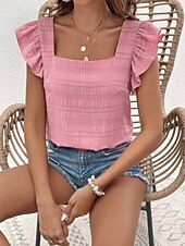 economico Bluse Eleganti-Per donna Camicia Blusa Maglietta senza maniche Volant Semplice Elegante Classico Moderno Senza Maniche Collo quadrato Top Regolari Quotidiano Ferie Uscire Blu Nero Bianco Verde Azzurro Estate