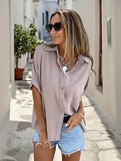 billige Enkle bluser-Dame Skjorte Knapper عادي Grunnleggende Moderne Halvlange ermer Skjortekrage Vanlige topper Daglig Svart Hvit Rød Lilla Fuksia Sommer