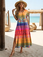 abordables Art &amp; Design Robes-Femmes Robe Midi Robe trapèze Occasionnel Quotidien Plage Coupe Ample Graphique Géométrique Manche Courte Col ras du cou Bleu Violet Orange Vert Été Printemps