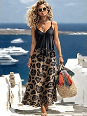 tanie Sztuka i projektowanie sukien-Damskie Sukienka maxi Sukienka letnia Sukienka A line Sukienka na ramiączkach Urlop Codzienny Plaża Wyjściowe Luźna Graficzny Zwierzę Panterka Bez rękawów W serek Czarny i biały Czarny Biały Czerwony