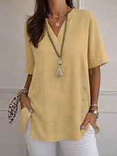 voordelige Overhemden-Dames Overhemden met linnenlook Blouse Overhemd van imitatie linnen Knop Effen Kleur Dagelijks Stijlvol Basic Halve mouw V-hals Normale tops Dagelijks blauw Zwart Geel Rood Paars Zomer Lente Herfst