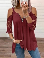 abordables Blusas Elegantes-Mujer Camisa Parte superior con ojales Blusa Tops de encaje Cremallera Ojal Plano Elegante Clásico Moderno Manga Larga Escote en Pico Tops regulares Diario Festivos Noche Azul Piscina Blanco Rosa