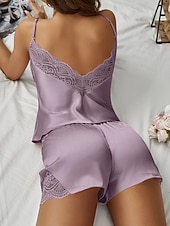 preiswerte Damen Nachthemden und Sleepshirts-Damen Schlafanzug Freizeitkleidung Lässig Einfarbig Spitze Elastischer Bund Rückenfrei Shorts Urlaub Straße Date Ärmellos V Ausschnitt Rosa Rote Purpur Grün Beige Sommer Frühling Normale Passform