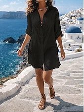 abordables Robes-Femmes Mini Robe Robes effet lin Robe Chemise Robe Blanche Vêtement couvrant Hawaïen Plage Vacances Fête Coupe Ample manche longue Col de chemise Noir Blanche Été