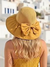 Недорогие Женские шляпы-Женская складная солнцезащитная шляпа в стиле бохо с чехлом для хранения, портативная пляжная шляпа из полиэстера с широкими полями, различных цветов, для повседневной носки, путешествий, отдыха и курортного отдыха.