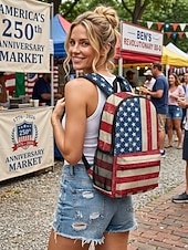  תרמיל גב יוניסקס עם הדפס פוליאסטר, עיצוב דגל אמריקאי וינטג', קיבולת גדולה, עמיד, אידיאלי ליום השנה ה-250, יום העצמאות, נסיעות יומיומיות ושימוש חיצוני