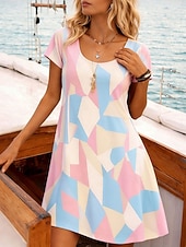 abordables Vestido a Rayas y Geométrico-Mujer Mini vestido Vestido de verano Vestido estilo camiseta Vestido de una línea Vacaciones Casual Diario Playa Festivos Ajuste regular Graphic Geométrico Abstracto Manga Corta Cuello Barco Azul