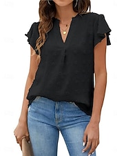abordables T-shirt uni-Femmes Chemisier A Volants Couleur Unie Élégant Occasionnel Manche Courte Col en V Hauts Réguliers Quotidien Bleu Noir Blanche Rose Claire Fuchsia Été Printemps