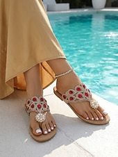 baratos Mulheres-Chinelo feminino boho com aplicações de joias - elegante cristal azul royal &amp;Sandálias rasteiras com tira em T e pérolas, perfeitas para férias na piscina e escapadelas na praia. &amp;roupas de resort de