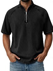 お買い得  ベーシックTシャツ-男性用 デニムシャツ コットン100% アシッドウォッシュシャツ ティートップ 半袖 スタンド ファスナー 秋冬 春 秋 平織り ヴィンテージ ストリートファッション カジュアル ジッパーを閉める 色褪せた ベーシック カジュアル 家 ストリート パープル メンズトップTシャツ