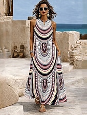 abordables Vestidos Boho-Mujer Vestido maxi Vestido de verano Vestido de una línea Vacaciones Casual Boho Diario Festivos Ajuste regular Graphic Tribal Sin Mangas Escote en Pico Cuello halter Cuello Alto Marrón Oscuro Verano