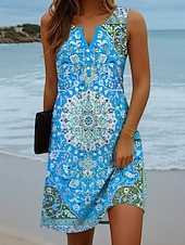 preiswerte Boho Kleider-Damen Minikleid Shiftkleid Sommerkleid Urlaub Lässig Boho Täglich Ferien Ausgehen Normale Passform Grafik Stammes Ärmellos Einkerbiger Ausschnitt Blau Rote Orange Grün Sommer Frühling