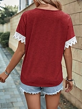 preiswerte Plain tee-Women's Shirt Blouse Lace Tops Patchwork Solid Color Stylish Classic Modern Short Sleeve V Neck Regular Tops Daily Holiday Going out Blue Black Wine Orange Gray Summer Spring