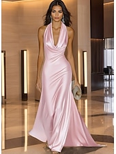 abordables Robes de soirée fourreau-Ligne A Traîne Balayage Robes de Bal Robe de Soirée Tenue de soirée Élégant Style Célébrité Soyeux Sans manches Col Bénitier Fête de jardin Mariage Satin Pailleté avec Froncé