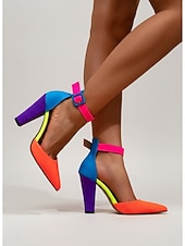 economico Décolleté con tacco largo-décolleté da donna con blocchi di colore multicolore vivaci - tacchi alti con punta a punta arancione acceso e cinturino alla caviglia rosa neon &amp;tacco viola per cocktail party, discoteche &amp;eventi di