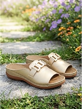 cheap Slide Sandals-Women's White Faux Leather Slide Sandals with Gold Buckle Casual Style for Garden Walks Vacation and Daily Errands