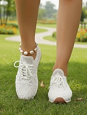 baratos Ténis de mulher-Tênis feminino branco de malha com cadarço – calçado leve, respirável e confortável para caminhadas, ideal para férias em resorts, viagens à praia e uso diário.