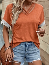 preiswerte Plain tee-Women's Shirt Blouse Lace Tops Patchwork Solid Color Stylish Classic Modern Short Sleeve V Neck Regular Tops Daily Holiday Going out Blue Black Wine Orange Gray Summer Spring