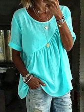 voordelige Overhemden-Dames Blouse Katoenen shirt Met ruches Effen Kleur Dagelijks Stijlvol Basic Korte mouw Strakke ronde hals Normale tops Dagelijks blauw Wit Geel Blozend Roze Groen Zomer Lente Herfst