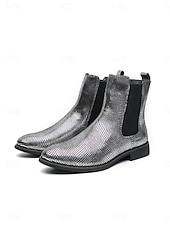 voordelige Heren-Metallic zilveren Chelsea boots voor heren met spitse neus, modieuze enkellaarsjes voor muziekfestivals, podiumoptredens, concerten, feestjes, streetstyle en opvallende mode-looks.