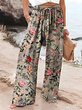 baratos Calças Gráficas-Mulheres Perna larga chinês Calças Férias Moda Roupa de rua Comprimento total Cintura Alta Floral Gráfico Bolsos Cintura elástica Imprimir Confortável Conforto Respirabilidade Micro-Elástica Diário