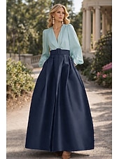 cheap A-Line Evening Dresses-A-Line Floor Length Evening Gown High Split Mother Of The Bride Long Sleeve V Neck Formal Wedding Guest Belt / Sash Satin with Pleats Slit